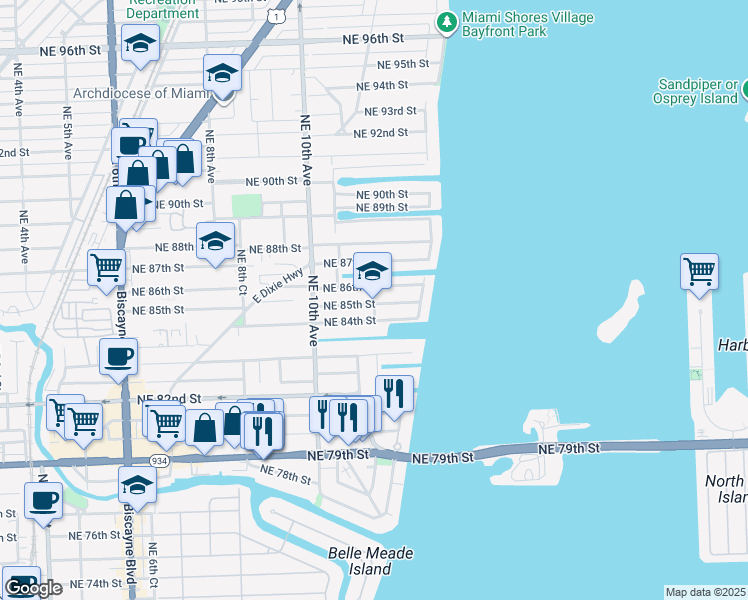 map of restaurants, bars, coffee shops, grocery stores, and more near 1245 Northeast 85th Street in Miami