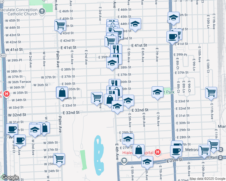 map of restaurants, bars, coffee shops, grocery stores, and more near 338 East 35th Street in Hialeah