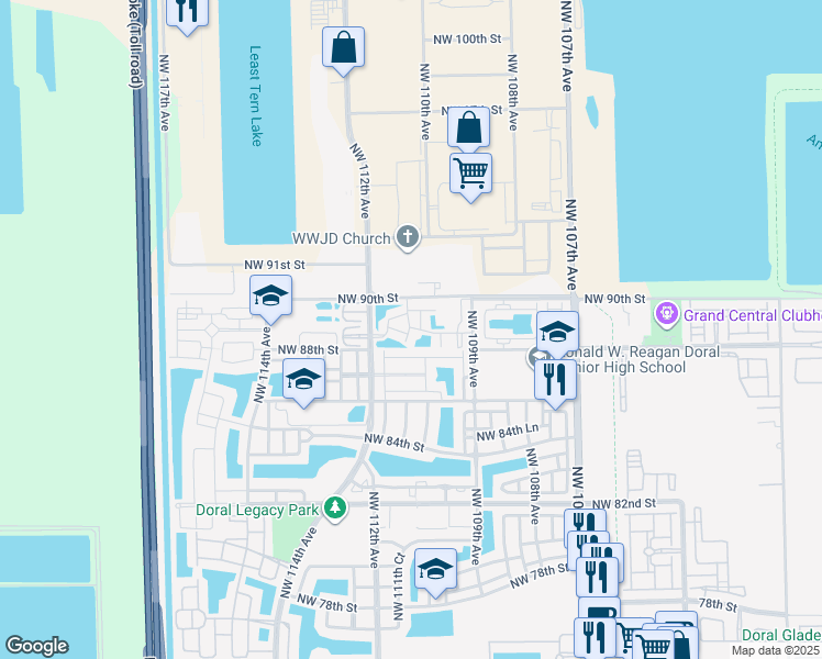 map of restaurants, bars, coffee shops, grocery stores, and more near 8840 Northwest 111th Avenue in Doral