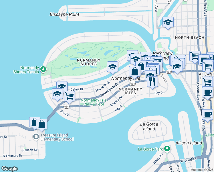 map of restaurants, bars, coffee shops, grocery stores, and more near 1480 Marseille Drive in Miami Beach