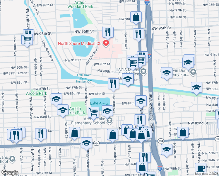 map of restaurants, bars, coffee shops, grocery stores, and more near 1030 Northwest 87th Street in Miami