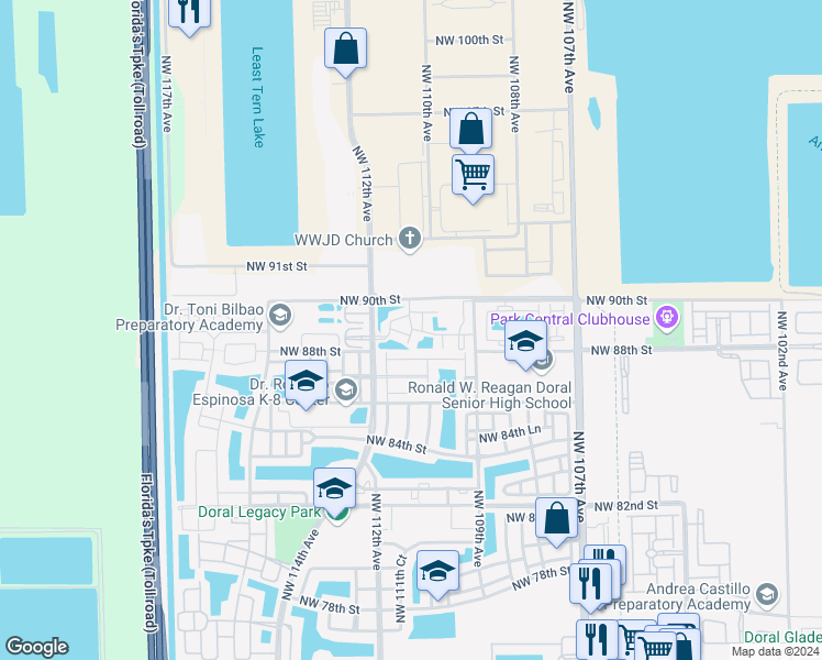 map of restaurants, bars, coffee shops, grocery stores, and more near 11116 Northwest 88th Terrace in Doral