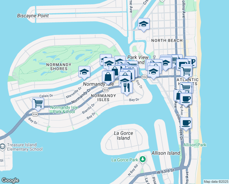 map of restaurants, bars, coffee shops, grocery stores, and more near 1195 Biarritz Drive in Miami Beach