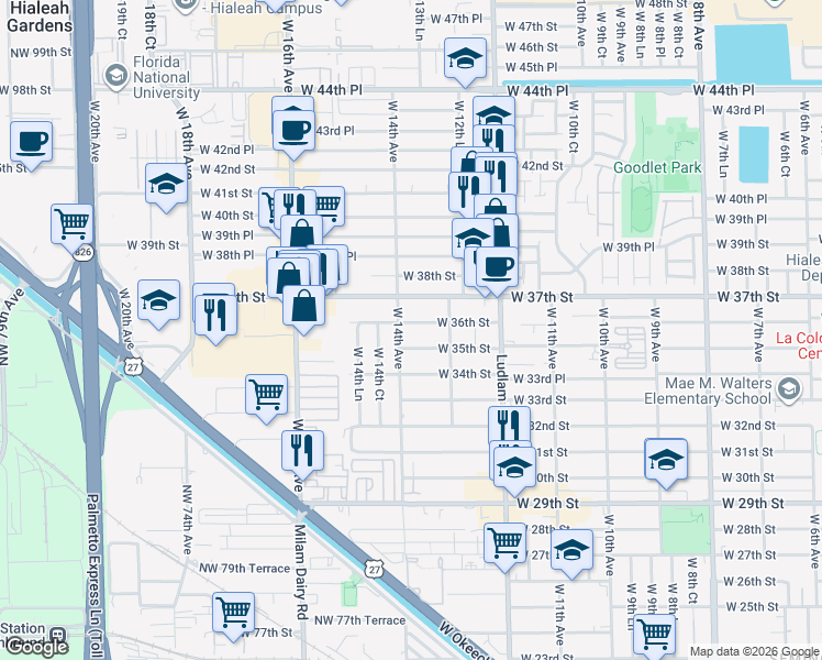 map of restaurants, bars, coffee shops, grocery stores, and more near 1370 West 36th Street in Hialeah