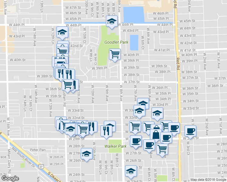 map of restaurants, bars, coffee shops, grocery stores, and more near 850 West 36th Street in Hialeah