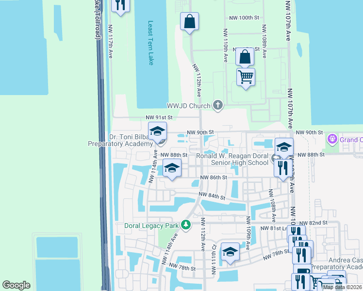 map of restaurants, bars, coffee shops, grocery stores, and more near 11267 Northwest 88th Terrace in Doral