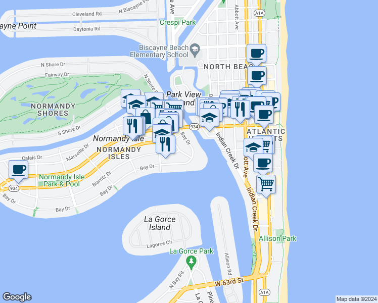 map of restaurants, bars, coffee shops, grocery stores, and more near 6850 Bay Drive in Miami Beach
