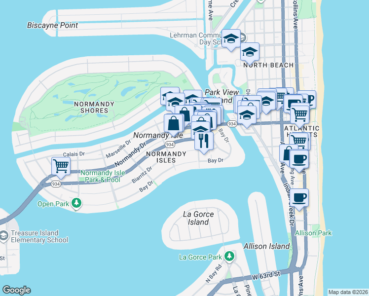map of restaurants, bars, coffee shops, grocery stores, and more near 1195 Biarritz Drive in Miami Beach