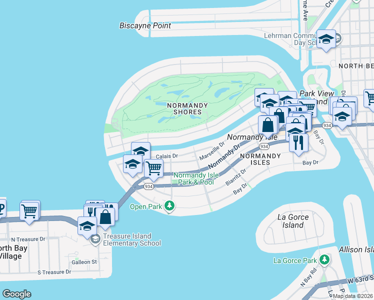 map of restaurants, bars, coffee shops, grocery stores, and more near 1745 Calais Drive in Miami Beach