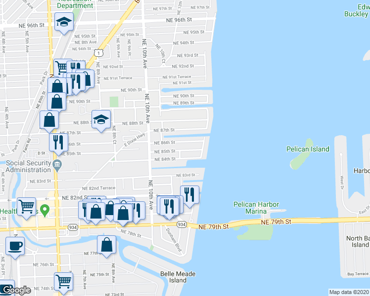 map of restaurants, bars, coffee shops, grocery stores, and more near 1245 Northeast 85th Street in Miami