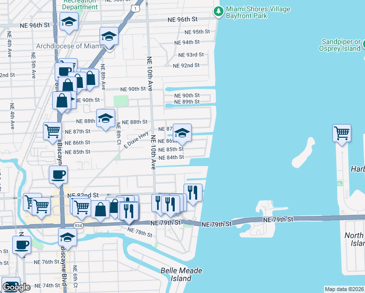 map of restaurants, bars, coffee shops, grocery stores, and more near 1245 Northeast 85th Street in Miami