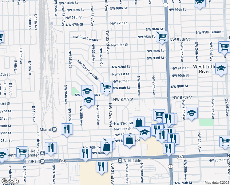 map of restaurants, bars, coffee shops, grocery stores, and more near 8732 Northwest 32nd Avenue in Miami