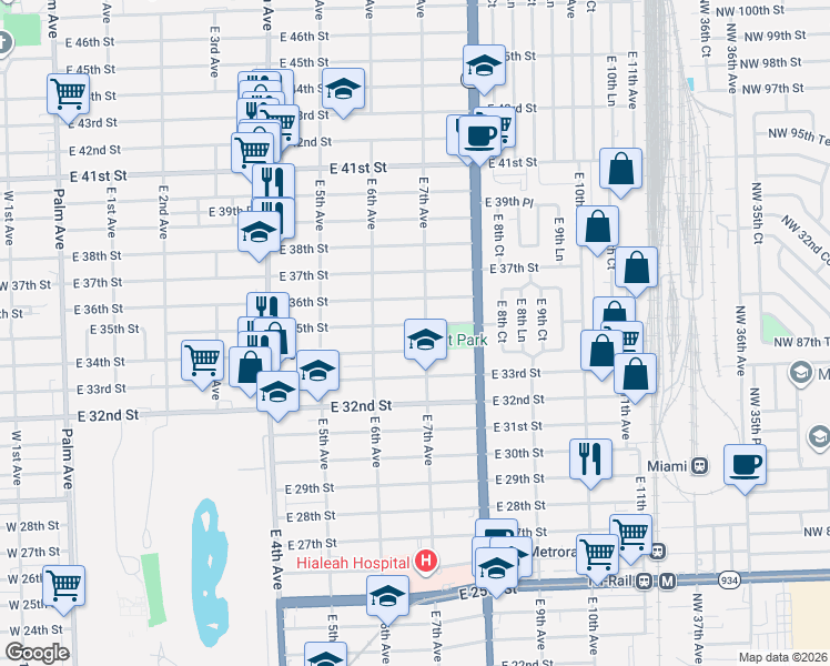 map of restaurants, bars, coffee shops, grocery stores, and more near 654 East 35th Street in Hialeah