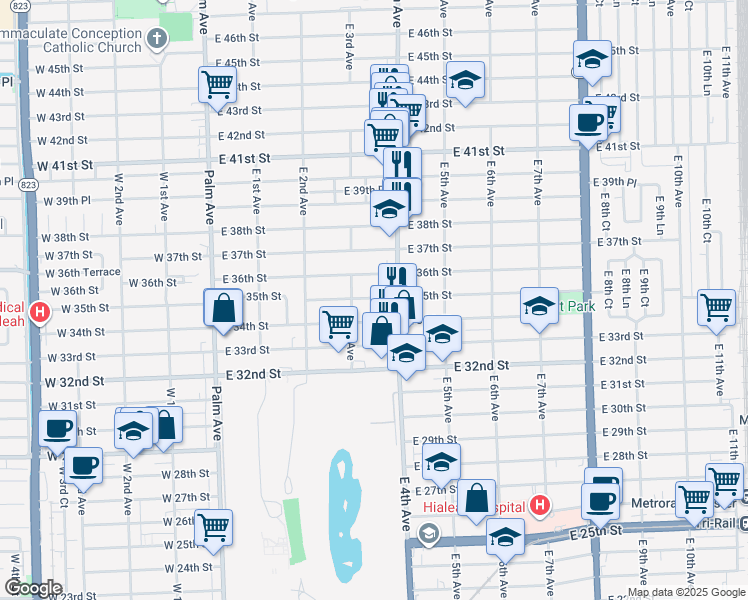 map of restaurants, bars, coffee shops, grocery stores, and more near 338 East 35th Street in Hialeah