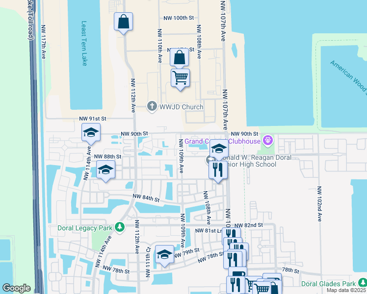 map of restaurants, bars, coffee shops, grocery stores, and more near 7 Northwest 88th Terrace in Doral