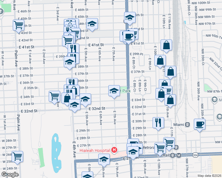 map of restaurants, bars, coffee shops, grocery stores, and more near 654 East 35th Street in Hialeah
