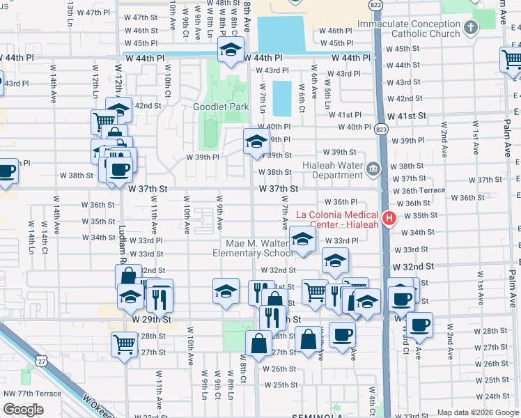 map of restaurants, bars, coffee shops, grocery stores, and more near 774 West 36th Street in Hialeah