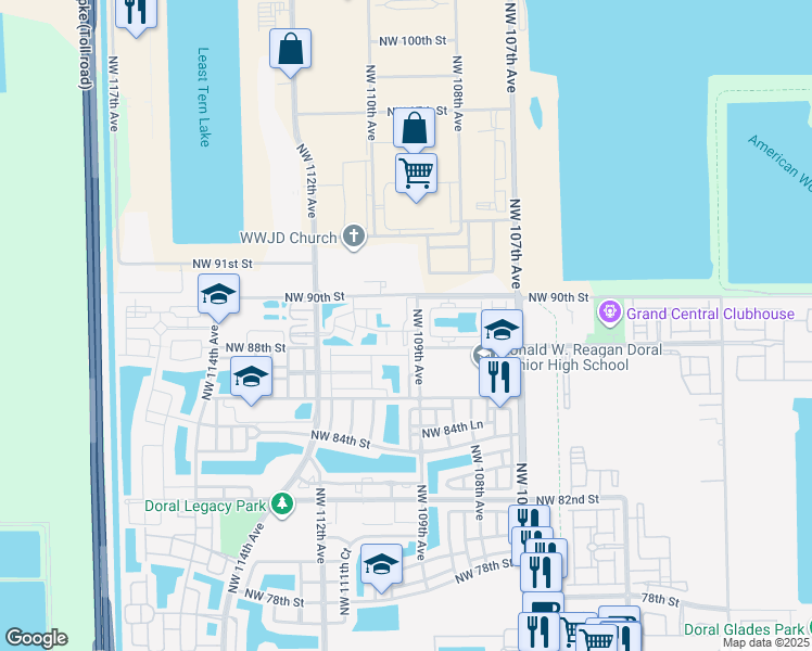 map of restaurants, bars, coffee shops, grocery stores, and more near 7 Northwest 88th Terrace in Doral
