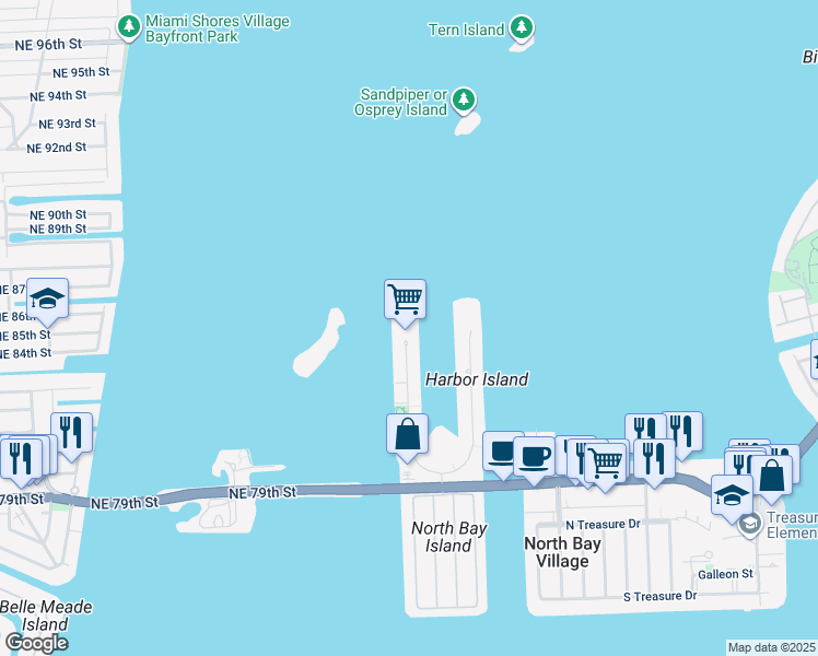 map of restaurants, bars, coffee shops, grocery stores, and more near 8000 West Drive in North Bay Village