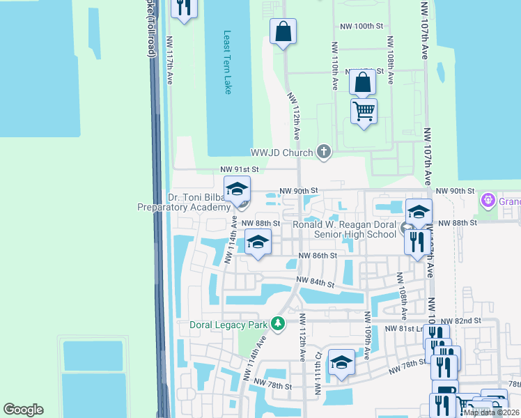 map of restaurants, bars, coffee shops, grocery stores, and more near 11267 Northwest 88th Terrace in Doral
