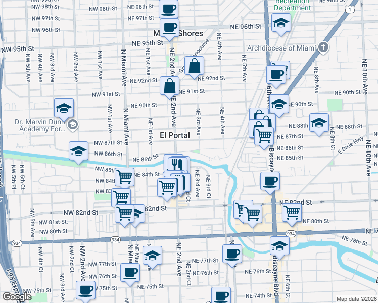 map of restaurants, bars, coffee shops, grocery stores, and more near 268 Northeast 85th Street in El Portal