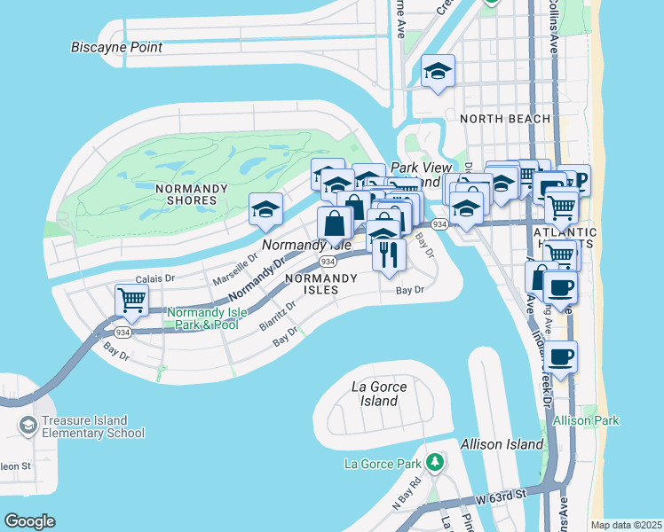 map of restaurants, bars, coffee shops, grocery stores, and more near 1220 71st Street in Miami Beach