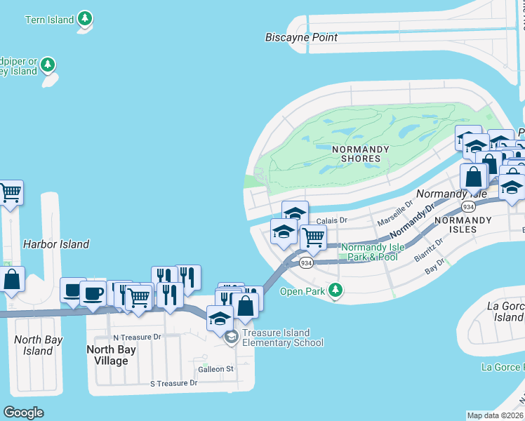 map of restaurants, bars, coffee shops, grocery stores, and more near 1040 South Shore Drive in Miami