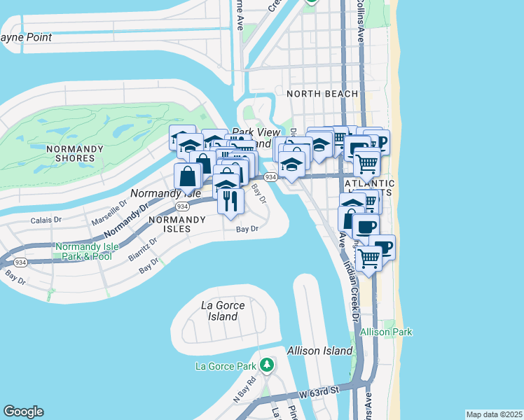 map of restaurants, bars, coffee shops, grocery stores, and more near 900 Bay Drive in Miami Beach