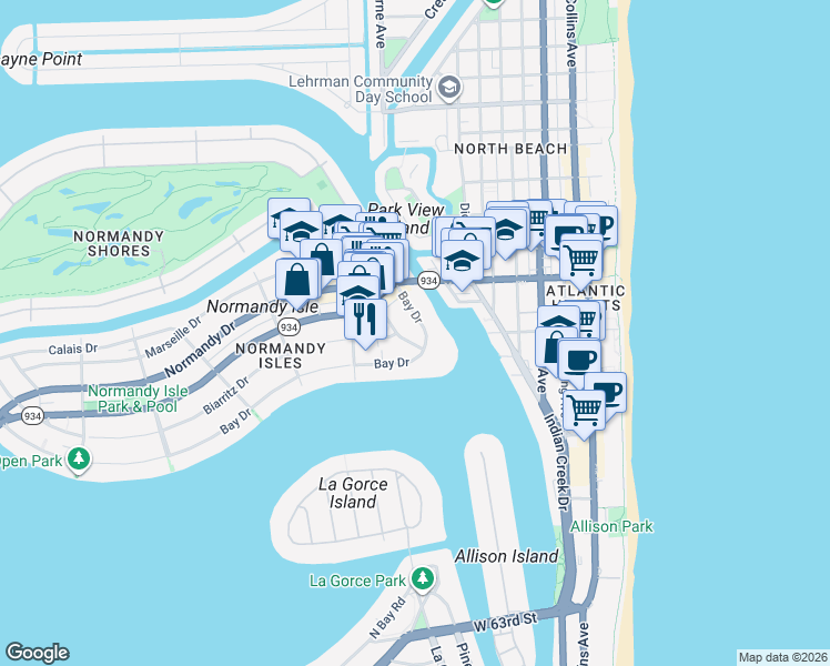 map of restaurants, bars, coffee shops, grocery stores, and more near 6900 Bay Drive in Miami Beach