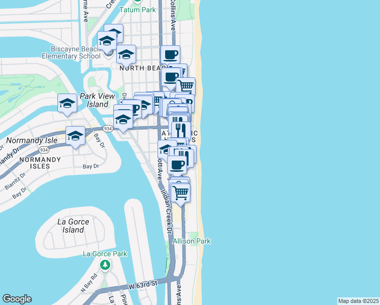 map of restaurants, bars, coffee shops, grocery stores, and more near 6889 Florida A1A in Miami Beach