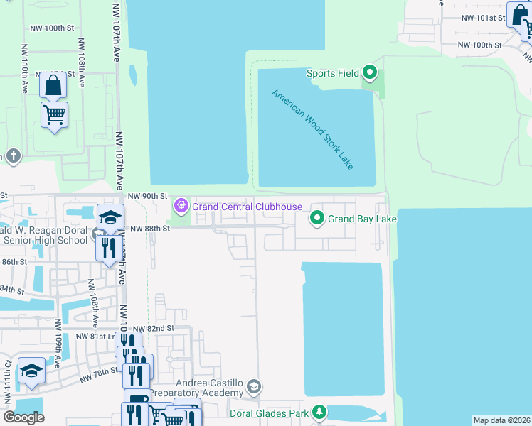 map of restaurants, bars, coffee shops, grocery stores, and more near 10087 Northwest 88th Terrace in Doral