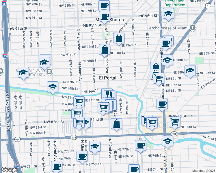 map of restaurants, bars, coffee shops, grocery stores, and more near 8610 Northeast 2nd Avenue in El Portal