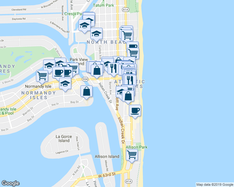 map of restaurants, bars, coffee shops, grocery stores, and more near in Miami Beach