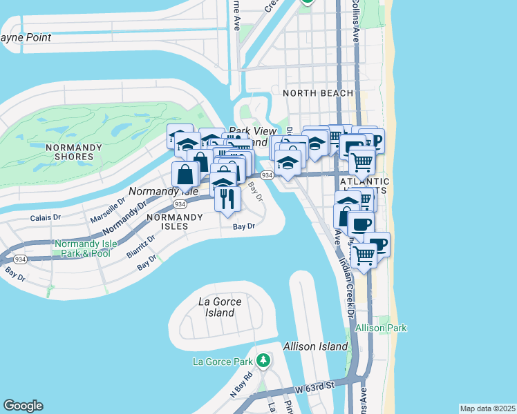 map of restaurants, bars, coffee shops, grocery stores, and more near 900 Bay Drive in Miami Beach