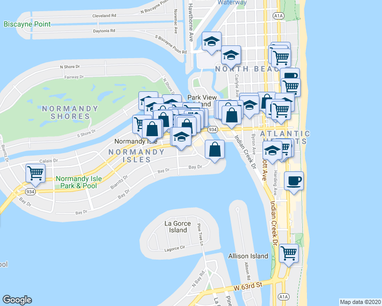map of restaurants, bars, coffee shops, grocery stores, and more near 965-975 Biarritz Drive in Miami Beach