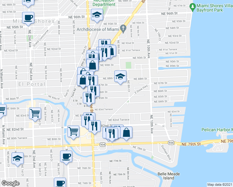 map of restaurants, bars, coffee shops, grocery stores, and more near 795 Northeast 85th Street in Miami
