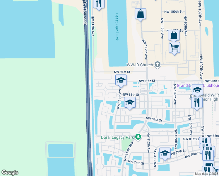 map of restaurants, bars, coffee shops, grocery stores, and more near 11601 Northwest 89th Street in Doral