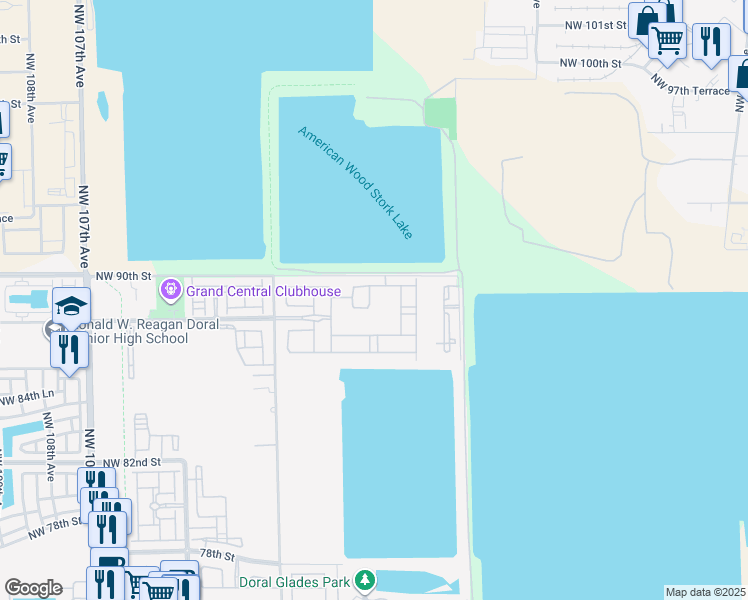 map of restaurants, bars, coffee shops, grocery stores, and more near 8875 Northwest 99th Avenue in Doral