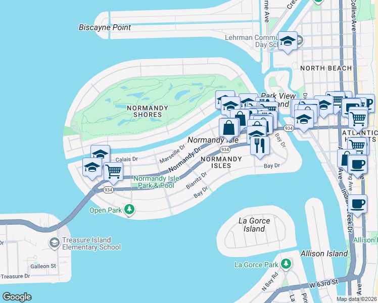 map of restaurants, bars, coffee shops, grocery stores, and more near 1406 Normandy Drive in Miami Beach