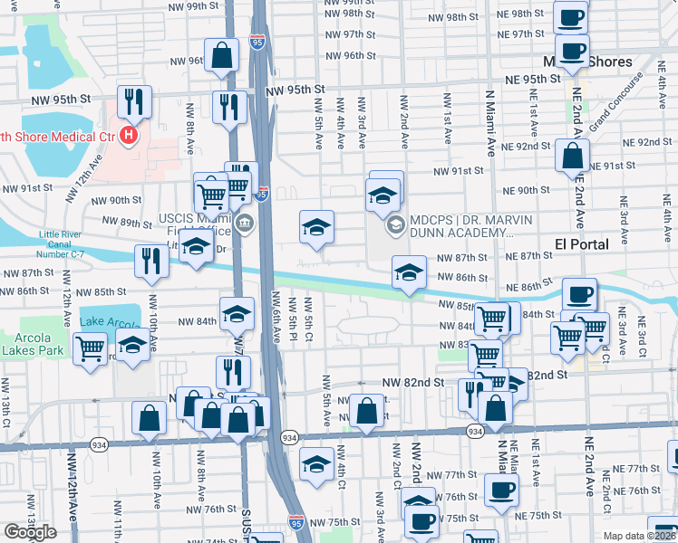 map of restaurants, bars, coffee shops, grocery stores, and more near 488 Northwest 87th Street in El Portal