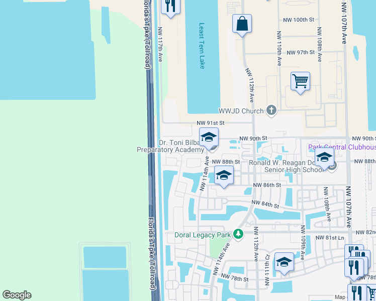 map of restaurants, bars, coffee shops, grocery stores, and more near 11601 Northwest 89th Street in Doral