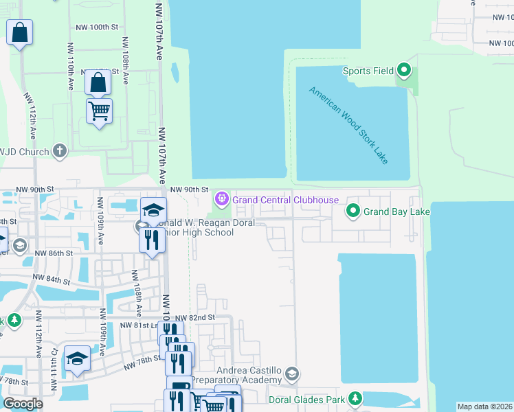 map of restaurants, bars, coffee shops, grocery stores, and more near 8839 Northwest 103rd Place in Doral