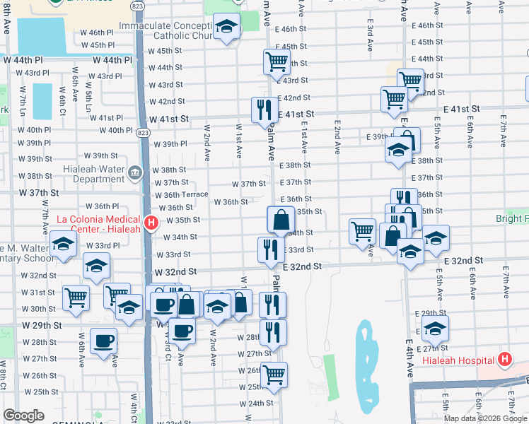 map of restaurants, bars, coffee shops, grocery stores, and more near 45 West 35th Street in Hialeah