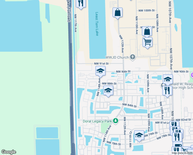 map of restaurants, bars, coffee shops, grocery stores, and more near 11455 Northwest 88th Lane in Doral