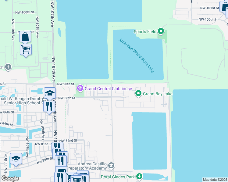map of restaurants, bars, coffee shops, grocery stores, and more near 8826 Northwest 101st Place in Doral