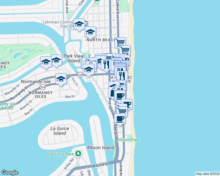 map of restaurants, bars, coffee shops, grocery stores, and more near Abbott Avenue & 69th Street in Miami Beach
