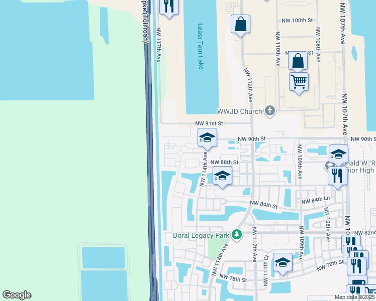 map of restaurants, bars, coffee shops, grocery stores, and more near 11601 Northwest 89th Street in Doral