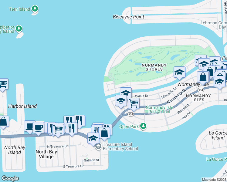 map of restaurants, bars, coffee shops, grocery stores, and more near 1040 South Shore Drive in Miami