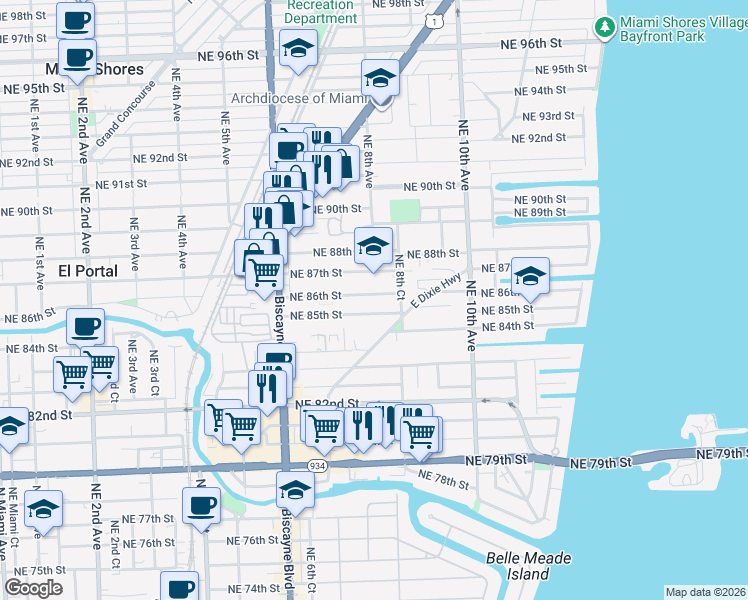 map of restaurants, bars, coffee shops, grocery stores, and more near 795 Northeast 85th Street in Miami