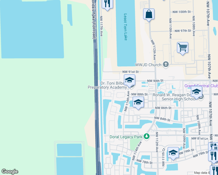 map of restaurants, bars, coffee shops, grocery stores, and more near 11601 Northwest 89th Street in Doral